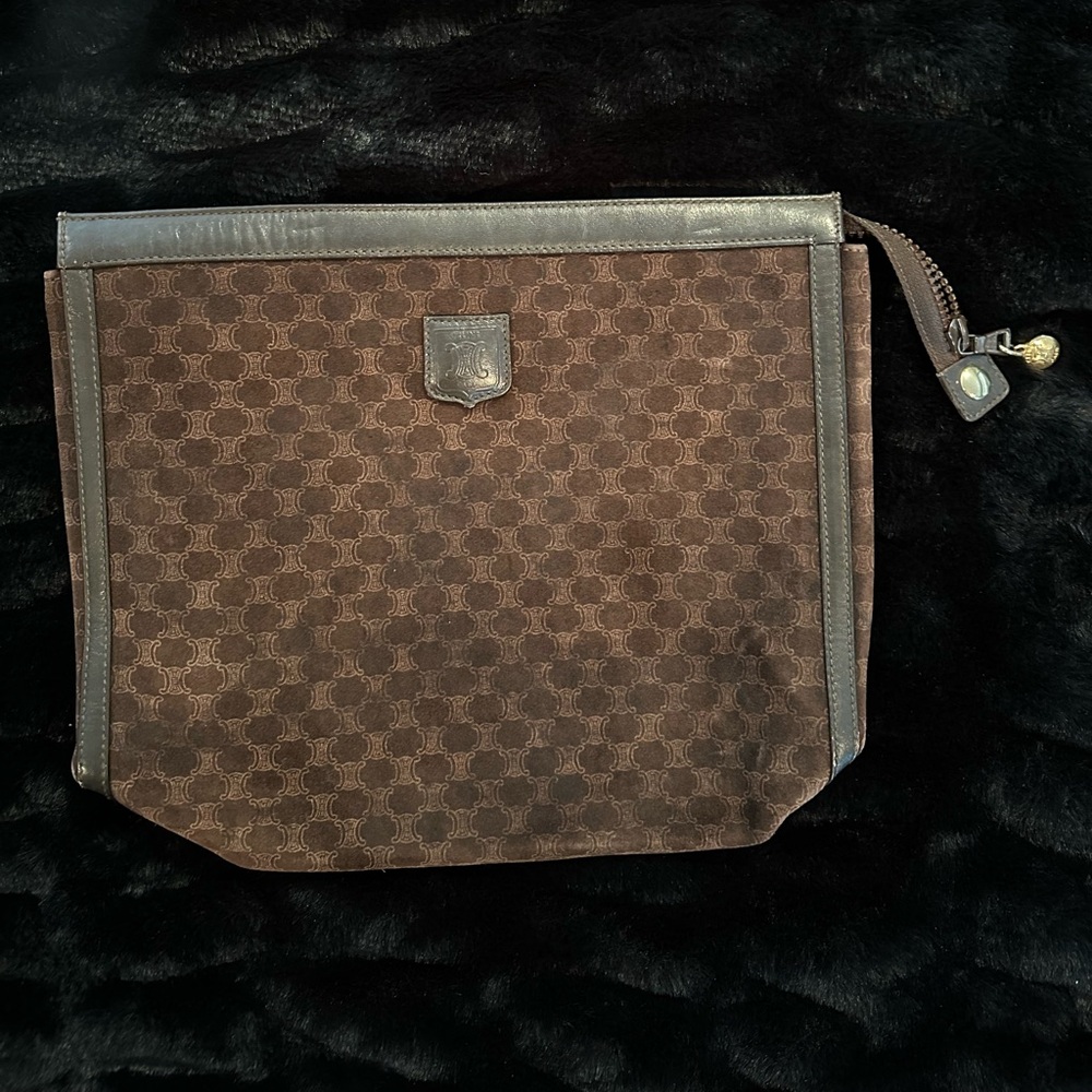 Authentic Rare Vintage Celine Brown Suede Monogram Zip Pouch/Clutch